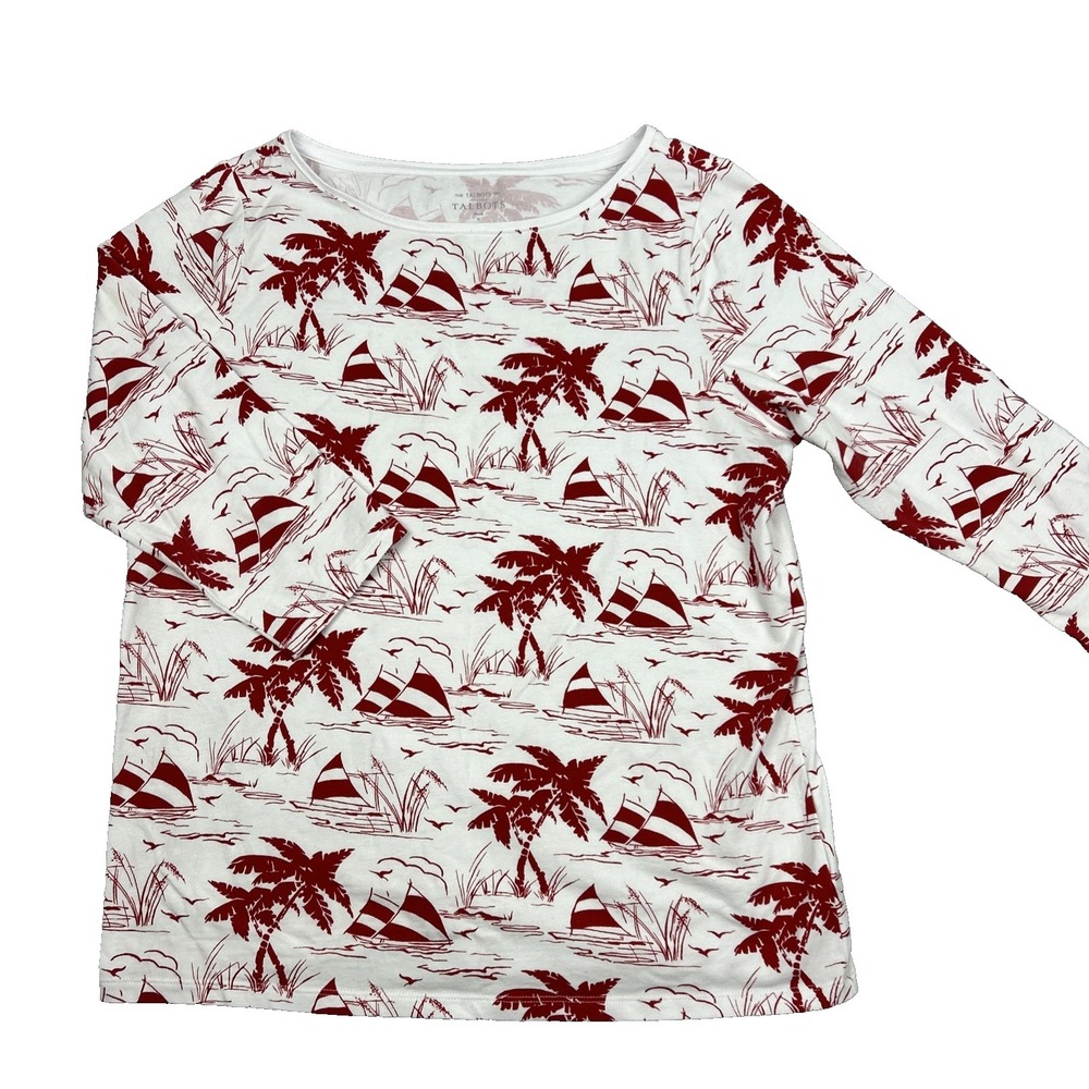 T by Talbots Top Plus X Sail Away 3/4 Sleeve Red White Palm Trees‎ Sail Boats